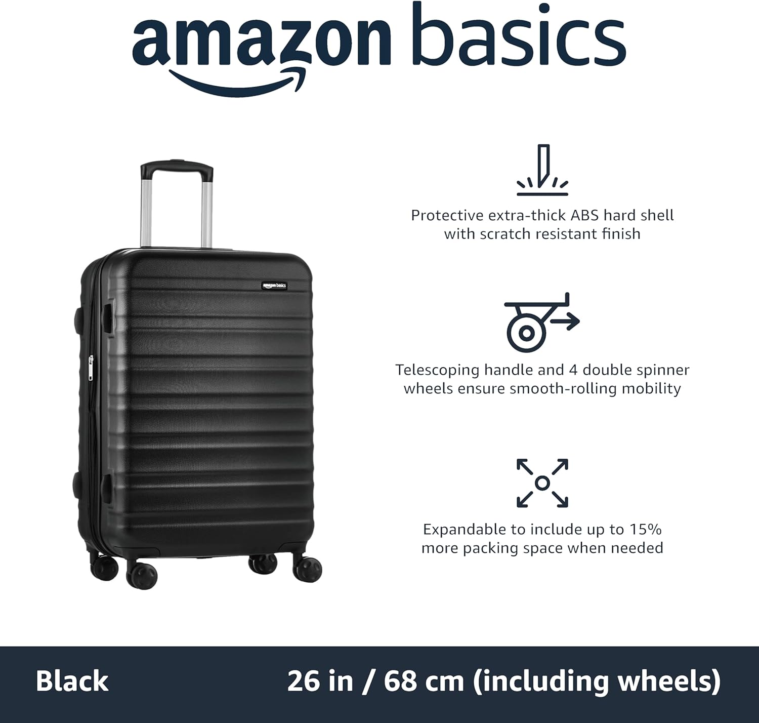 Expandable Hardside Travel Luggage, Suitcase with Wheels, 26-Inch Suitcase with Four Spinner Wheels and Scratch-Resistant Surface, Black - Image 2