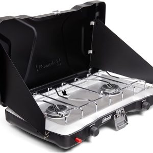 Coleman Triton+ Portable 2-Burner Propane Camping Stove, 22,000 Total BTUs, Wind Guards, Adjustable Burners, Instant Push-Button Ignition, Suitable for Backyard BBQs, Beach Cookouts, Tailgating