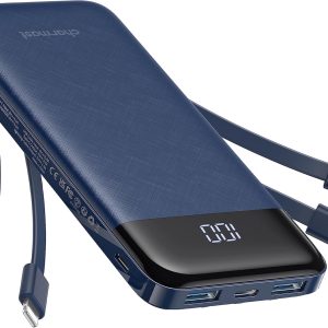 Portable Charger with Built in Cables, Portable Charger with Cords Wires Slim 10000mAh Travel Essentials Battery Pack 6 Outputs 3A High Speed Power Bank for iPhone Samsung Pixel LG Moto iPad